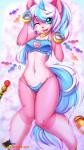 2016 5_fingers 9:16 absurd_res anthro biped blue_bra blue_clothing blue_eyes blue_hair blue_panties blue_underwear bra bracelet breasts candy cat_ear_panties cat_keyhole_bra cat_lingerie cleavage cleavage_cutout clothed clothing colorful_theme cutout dessert digital_media_(artwork) english_text equid felid female fingers food frilly frilly_bra frilly_clothing frilly_underwear fur hair hi_res horn hybrid jewelry keyhole_bra keyhole_clothing keyhole_underwear lego lingerie looking_at_viewer mammal multicolored_body multicolored_fur multicolored_hair multicolored_tail navel one_eye_closed open_mouth panties patreon patreon_logo patreon_username pink_nose pink_theme rainbowscreen side-tie_panties solo sparklefur tail text the_lego_movie toy training_bra underwear underwear_only unikitty white_hair wink