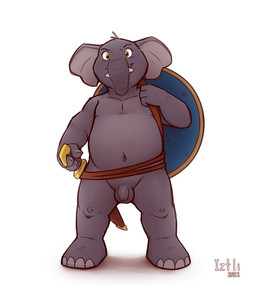anthro balls belly biped flaccid foreskin genitals holding_object holding_weapon humanoid_genitalia humanoid_penis long_foreskin male melee_weapon nude penis proboscis_(anatomy) shield simple_background slightly_chubby solo sword trunk_(anatomy) tusks unretracted_foreskin weapon young young_anthro young_male iztli elephant elephantid mammal proboscidean digital_media_(artwork) hi_res shaded signature