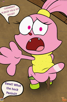 anthro begging bodily_fluids bottomwear clothed clothing clothing_lift duo fangs feces feces_on_body feces_on_butt female fur genital_fluids male panties panties_down partially_clothed pink_body pink_fur pooping pooping_on_floor public public_exposure skirt skirt_lift teeth underwear underwear_down young thedispenser69 cartoon_network chowder_(series) chowder panini_(chowder) lagomorph leporid mammal rabbit hi_res