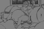 anthro belly big_belly breasts clothing female furniture overweight overweight_anthro overweight_female simple_background sofa solo bronzebanana blizzard_entertainment hearthstone warcraft aya_blackpaw bear mammal pandaren monochrome