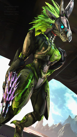 anthro arm_feathers arm_tuft armor avian_caruncle blue_eyes breasts digitigrade feather_hair feathered_crest feathers female full_armor glowing glowing_eyes green_body green_feathers grey_body grey_scales gun hand_on_breast hand_on_own_breast head_crest headgear helmet holding_gun holding_object holding_ranged_weapon holding_weapon landscape_background low-angle_view mountain needler non-mammal_breasts pseudo_hair ranged_weapon scales sharp_teeth sky small_waist solo spurs_(anatomy) standing teeth tuft weapon wide_hips pompilus-sfm pickle_juice_(modeler) halo_(series) microsoft xbox_game_studios alien avian kig-yar scalie t'vaoan 2023 3d_(artwork) 9:16 digital_media_(artwork) hi_res