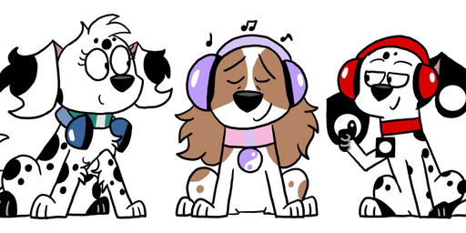 black_ears black_nose black_paws black_spots blue_headphones brown_ears brown_spots collar electronics female feral fluffy_ears fur gesture group hand_gesture headphones headphones_around_neck leg_markings male markings pink_collar pink_inner_ear portable_music_player purple_headphones red_collar red_headphones socks_(marking) spots teal_collar thumbs_up toony trio white_body white_fur doglover502 101_dalmatian_street 101_dalmatians disney callie_(chelledoggo) d.j._(101_dalmatians) dvorak_(doglover502) bird_dog canid canine canis cavalier_king_charles_spaniel cocker_spaniel dalmatian domestic_dog hunting_dog mammal spaniel toy_dog digital_drawing_(artwork) digital_media_(artwork)