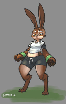 anthro black_bottomwear black_clothing black_shorts bottom_heavy bottomwear breasts brown_body brown_eyes brown_fur brown_nose cheek_tuft clothed clothing digitigrade facial_tuft female front_view fur grey_background pawpads shorts simple_background small_breasts solo tan_body tan_fur thick_thighs topwear tuft white_clothing white_topwear wide_hips wristband mootsider hare lagomorph leporid mammal absurd_res hi_res