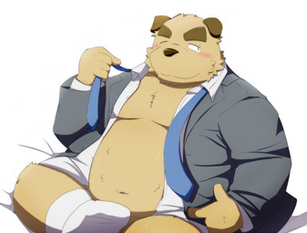 anthro belly blush brown_body brown_fur clothed clothing fur kemono male necktie one_eye_closed open_clothing open_shirt open_topwear overweight overweight_anthro overweight_male shirt simple_background sitting solo topwear white_background wink emufu canid canine canis domestic_dog mammal 2015