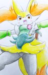 ambiguous_gender anthro blush blush_lines clothing cosplay costume featureless_crotch fur inner_ear_fluff looking_at_viewer open_mouth orange_body orange_eyes orange_fur simple_background solo stick tongue tuft white_body white_fur yellow_body yellow_fur eiroru nintendo pokemon braixen canid canine floragato generation_6_pokemon generation_9_pokemon mammal pokemon_(species) 2024 graphite_(artwork) hi_res traditional_media_(artwork)