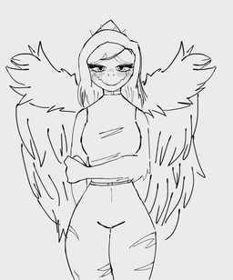 anthro blush bone_frill bottomwear clothed clothed_anthro clothed_female clothing collar elbow_feathers eyebrows feathered_wings feathers female female_anthro frill_(anatomy) front_view half-closed_eyes halter_top happy humanoid_hands looking_at_viewer narrowed_eyes pants raised_inner_eyebrows simple_background small_waist smile solo spiked_collar spikes standing torn_bottomwear torn_clothing torn_pants white_background wings lugerhk goodbye_volcano_high ko_op_(game_developer) fang_(gvh) prehistoric_species pterosaur reptile scalie 2025 absurd_res black_and_white digital_media_(artwork) hi_res monochrome