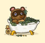 anthro bathtub bells_(animal_crossing) blue_eyes bodily_fluids brown_body brown_fur claw_foot_bathtub fur half-closed_eyes male male_anthro money money_bag money_bath multicolored_body multicolored_fur narrowed_eyes pointy_nose simple_background solo sweat two_tone_body two_tone_fur papa_shasta animal_crossing nintendo tom_nook_(animal_crossing) canid canine mammal raccoon_dog tanuki