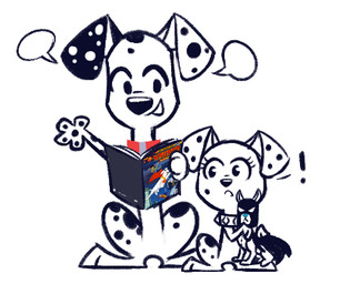 book comic_book female feral holding_book holding_comic_book holding_object male higglytownhero 101_dalmatian_street 101_dalmatians dc_comics disney krypto_the_superdog warner_brothers ace_the_bat-hound dallas_(101_dalmatians) dylan_(101_dalmatians) triple_d_(101_dalmatians) canid canine canis dalmatian domestic_dog mammal low_res