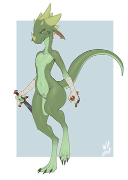 anthro casual_nudity countershading featureless_chest female flat_chested front_view genitals green_body green_scales hand_wraps holding_knife holding_object holding_weapon innie_vulva knife looking_at_viewer melee_weapon on_one_leg pupils scales scar slit_pupils solo standing tail vulva weapon wraps yellow_eyes w4g4 kobold scalie 2020 absurd_res full-length_portrait hi_res portrait