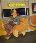 3_toes anthro barefoot black_pawpads claws clothed clothing feet fully_clothed multi_tail pawpads paws sitting soles solo subway tail text toes waiting mendobear shoal_(shoalfox) canid canine fox mammal absurd_res english_text hi_res