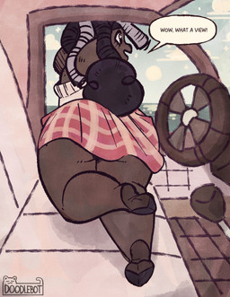 anthro barefoot big_butt bottomwear brown_hair brown_tail butt butt_focus car car_seat clothing dialogue feet female grey_hair hair hooves inside_car inside_vehicle leaning leaning_forward logo multicolored_hair sea skirt solo speech_bubble steering_wheel tail text topwear two_tone_hair unguligrade vehicle water ac_doodlebot noelle_(ac_doodlebot) bovid caprine mammal sheep 2026 artist_logo digital_media_(artwork) english_text hi_res redraw