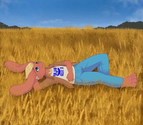 anthro biped blonde_hair blue_eyes bottomwear clothed clothing day denim denim_bottomwear denim_clothing floppy_ears grass hair jacket jeans long_ears lying lying_on_ground male on_back on_ground pants plant red_body red_clothing red_jacket red_topwear shirt short_hair solo text text_on_clothing text_on_shirt text_on_topwear topwear white_clothing white_shirt white_topwear jamesfoxbr lagomorph leporid mammal rabbit 2025 english_text hi_res
