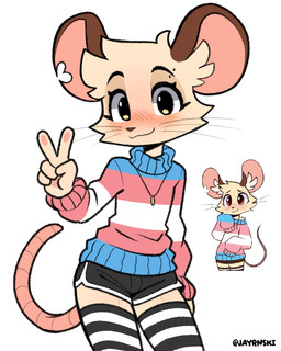 ambiguous_anthro ambiguous_gender anthro blush bottomwear clothed clothed_ambiguous clothed_anthro clothing dolphin_shorts female freckles fur gesture hair hand_gesture legwear lgbt_pride looking_at_viewer notched_ear pattern_clothing pattern_legwear pawpads pride_color_clothing pride_colors shorts simple_background solo striped_clothing striped_legwear stripes sweater tail tan_body tan_fur tan_hair thigh_highs topwear transgender_pride_colors v_sign whiskers white_background jayrnski trans_mouse_(jayrnski) mammal mouse murid murine rodent 2025 digital_media_(artwork) hi_res portrait three-quarter_portrait trans_(lore) trans_woman_(lore)