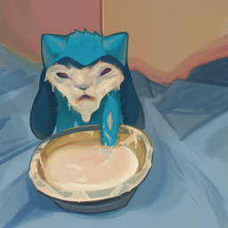 ambiguous_gender bedding black_body black_fur blanket blue_body blue_fur bowl container fur milk milk_on_face solo nepentz milk_face_cat nintendo pokemon generation_4_pokemon pokemon_(species) riolu 1:1 2026 absurd_res hi_res icon