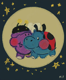 ambiguous_feral ambiguous_gender beady_eyes bee_costume blue_body blue_fur blush blush_stickers duo eyes_closed feral fur hooves ladybug_costume moon neonate open_mouth pink_blush purple_body purple_fur quadruped smile star text white_hooves young young_ambiguous young_feral mossyfluff fluffy_pony fluffy_pony_(species) mammal 2021 english_description hi_res traditional_media_(artwork)
