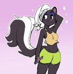 anthro athletic athletic_anthro black_body bottomwear breasts clothed clothing female hair purple_eyes shorts simple_background smile solo sparkles sparkling_character courtney_brushmarke mammal mephitid skunk 2020 hi_res