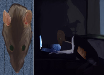ambiguous_gender anthro brown_body computer electronics front_view green_eyes grey_arms inside laptop long_neck looking_at_viewer nude observation side_view simple_background sitting solo nizdorak mammal murid murine rat rodent 2024 digital_drawing_(artwork) digital_media_(artwork) multiple_scenes