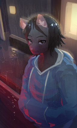 anthro brown_hair clothing hair hand_in_pocket hoodie looking_at_viewer male pockets raining road short_hair solo topwear window corablue felid mammal 2025 digital_media_(artwork) hi_res