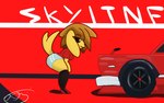 anthro bottomwear breasts butt car clothed clothing crouching female footwear fur hair legwear shoes side_view sneakers solo tail thigh_highs topwear vehicle jaed nissan almond_(jaed) bird_dog canid canine canis domestic_dog golden_retriever hunting_dog mammal retriever 16:10 absurd_res hi_res widescreen