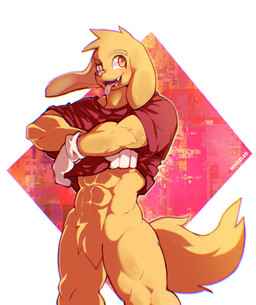 abs anthro biceps clothed clothing fangs featureless_crotch fur gloves hair handwear male muscular muscular_male partially_clothed red_clothing red_shirt red_t-shirt red_topwear shirt solo t-shirt teeth tongue tongue_out topwear undressing_self white_clothing white_gloves white_handwear yellow_body yellow_eyes yellow_fur whiteleo glitch_productions the_amazing_digital_circus scratch_(tadc) canid canine canis domestic_dog mammal absurd_res hi_res