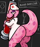 anthro big_butt breasts butt clothing fangs female forked_tongue hat headgear headwear holding_object holding_syringe looking_at_viewer markings medical_instrument medical_syringe narrowed_eyes nurse_clothing nurse_hat nurse_headwear nurse_uniform open_mouth pink_body pink_tail purple_spots raised_tail red_eyes scientific_instrument solo spots standing syringe tail teeth thick_tail thick_thighs tongue tongue_out uniform lewdewott gregory_horror_show catherine_(gregory_horror_show) lizard reptile scalie 2023 digital_drawing_(artwork) digital_media_(artwork) hi_res