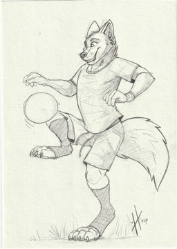 anthro ball bottomwear cheek_tuft claws clothed clothing facial_tuft footwear grass grin male male_anthro neck_tuft pawpads plant shirt shorts simple_background smile socks solo standing t-shirt tail toe_claws topwear tuft hufnaar canid canine mammal 2019 absurd_res dated hi_res monochrome sketch