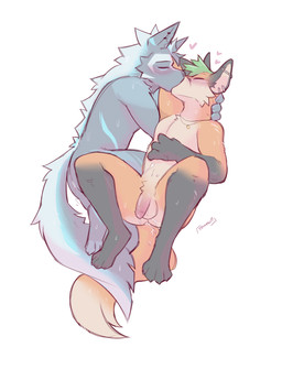 anthro blush blush_lines bodily_fluids cum duo genital_fluids genitals heart_symbol kissing male male/male penis simple_background sweat white_background tohfu i_think_i_like_you echo_(sona) jax_(i_think_i_like_you) hi_res