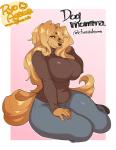 anthro big_breasts breasts clothed clothing curvy_figure female fully_clothed hair huge_breasts long_hair looking_at_viewer mature_anthro mature_female smile solo text thick_thighs voluptuous wide_hips ryo_agawa mabel_(cherrikissu) canid canine canis domestic_dog hunting_dog mammal saluki sighthound 2018 digital_media_(artwork) url