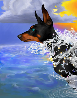 ambiguous_gender detailed_background feral glistening glistening_eyes magic realistic_lighting side_view solo sunset swimming water whiskers bunnylikerabid canid canine canis dobermann domestic_dog mammal pinscher colored digital_media_(artwork) hi_res