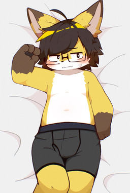 4_fingers ahoge anthro black_bottomwear black_boxer_briefs black_clothing black_eyebrows black_eyes black_eyewear black_glasses black_hair black_nose black_pawpads black_underwear blush blush_lines bodily_fluids bottomwear boxer_briefs boxer_briefs_only brown_arms brown_body brown_ear_tips brown_ears brown_fur cheek_tuft clothed clothing countershading dipstick_ears ear_markings eyebrow_through_hair eyebrows eyewear facial_tuft featureless_chest fingers fur glasses glistening glistening_hair glistening_nose gloves_(marking) hair high-angle_view kemono knock-kneed looking_aside lying male markings multicolored_ears navel on_back pawpads pupils raised_arm rectangular_glasses solo sweat sweatdrop topless translucent translucent_hair triangle_nose tuft two_tone_face underwear underwear_only white_body white_countershading white_fur white_inner_ear white_pupils yellow_arms yellow_body yellow_ears yellow_face yellow_fur young young_anthro shouka_2810 canid canine fox mammal 2022 digital_media_(artwork) hi_res portrait three-quarter_portrait