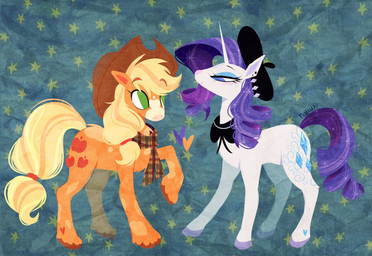 accessory beret blonde_hair blue_eyes clothing cowboy_hat cutie_mark duo ear_piercing eyelashes eyeshadow female feral filigree freckled_face freckles green_eyes hair hair_accessory hair_tie hat headgear headwear heart_symbol hooves horn makeup markings piercing plaid purple_hair scarf sparkles spots spotted_markings star revaurii friendship_is_magic hasbro my_little_pony mythology applejack_(mlp) rarity_(mlp) earth_pony equid equine horse mammal mythological_creature mythological_equine pony unicorn absurd_res hi_res