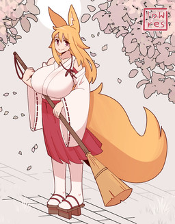 big_breasts big_tail blonde_hair breasts broom cleaning_tool clothing female hair huge_breasts huge_tail long_hair looking_at_viewer purple_eyes shrine_maiden smile smiling_at_viewer solo tail low_res_art kina_(paht251) animal_humanoid canid canid_humanoid canine canine_humanoid fox_humanoid humanoid mammal mammal_humanoid hi_res signature