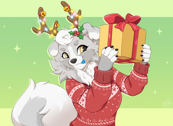 anthro blue_tongue chest_tuft christmas_clothing christmas_present christmas_sweater christmas_topwear claws clothing curled_tail female floppy_ears fluffy fluffy_tail fur garland gift green_background grey_body grey_fur holding_christmas_present holidays horn long_sleeves neck_tuft red_clothing red_sweater red_topwear simple_background smile solo sweater tail tongue tongue_out topwear tuft upper_body white_body white_fur yellow_eyes eloya_art christmas canid canine canis domestic_dog mammal hi_res
