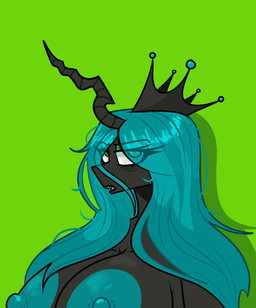 anthro areola big_areola big_breasts black_body blue_hair breasts crown exposed_breasts female green_eyes hair hair_over_eye headgear horn looking_at_viewer nipples nude open_mouth simple_background solo catboyz friendship_is_magic hasbro my_little_pony queen_chrysalis_(mlp) changeling_(mlp) digital_media_(artwork)
