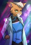 anthro black_eyes clothing coat female fur lab_coat mature_female notched_ear orange_body orange_fur solo starfleet_insignia topwear yellow_sclera neldorwen star_trek star_trek_lower_decks dr._t'ana caitian felid mammal 2020 hi_res