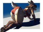 all_fours anthro bra brown_body brown_fur brown_hair camel_toe clothing cloven_hooves female fur hair hooves looking_at_viewer looking_back looking_back_at_viewer nipple_outline panties rear_view solo underwear skipsy juniper_west_(spyglass8) deer mammal 2024 hi_res