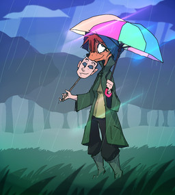 anthro clothing cloud coat grass hair mask orange_body plant raincoat raining red_hair solo topwear tree umbrella roksim hi_res
