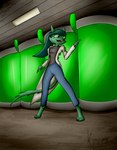 anthro breasts clothed clothing coat female fur green_body green_eyes green_fur green_hair hair inside lab_coat long_hair open_mouth pink_nose solo topwear kripperok domestic_cat felid feline felis mammal