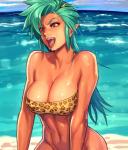 bandeau bodily_fluids bottomless breasts cleavage clothed clothing female green_hair hair horn humanoid_pointy_ears not_furry outside pointy_ears sky solo sweat tan_body tan_skin tongue tongue_out topwear water ogami asian_mythology east_asian_mythology japanese_mythology mythology demon humanoid oni yokai 2017