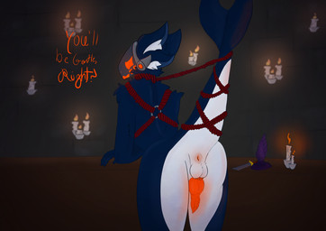 anthro bdsm bondage bound butt candle dialogue dildo genitals glowing glowing_genitalia inexperienced knife machine male presenting presenting_hindquarters restraints rope rope_bondage sex_toy shark_tail solo tail tail_tied namehere armorless_protogen protogen absurd_res hi_res