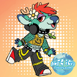 abstract_background anthro antlers beaded_jewelry beads belt biped bottomwear bracelet clothing collar crop_top dipstick_ears ear_markings ear_tuft electronics fishnet_clothing fishnet_topwear flower_accessory footwear fur green_body green_fur grey_bottomwear grey_clothing grey_pants hair headphones horn jewelry kandi_(jewelry) male markings multicolored_ears necklace open_mouth pacifier pants purple_eyelids red_eyes red_hair shirt shoes snout solo spiked_belt spiked_collar spikes toony topwear tuft brushykb biggest_little_fur_con russelbuck_(copyright) russelbuck_(character) deer mammal 1:1 2021 absurd_res hi_res