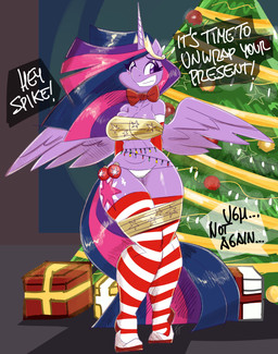 anthro anthrofied big_breasts blush breasts christmas_clothing christmas_tree clothed clothing crown curvy_figure cutie_mark dialogue female hair headgear holidays horn legwear long_hair offscreen_character plant purple_body purple_hair purple_wings restrained solo standing stockings teeth text thick_thighs thigh_highs tiara tree unicorn_horn voluptuous wide_hips wings flutterthrash christmas friendship_is_magic hasbro my_little_pony mythology twilight_sparkle_(mlp) equid equine mammal mythological_creature mythological_equine winged_unicorn absurd_res english_text full-length_portrait hi_res portrait signature