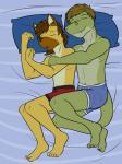 anthro boxer_briefs clothed clothing cuddling duo green_body lying male male/male navel on_side romantic romantic_ambiance sleeping spooning topless underwear underwear_only yellow_body fuze fuzeyeen gabriel_(fuze) alligator alligatorid crocodilian hyena mammal reptile scalie spotted_hyena 3:4 hi_res