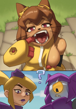 2_panel_comic areola blonde_hair bodily_fluids breasts brown_body brown_hair brown_skin clothing eyewear female finger_in_mouth goggles group hair kneeling lipstick looking_at_viewer machine makeup medium_breasts nipples one_breast_out outside puffy_areola pupils purple_clothing purple_eyes purple_hair purple_lipstick question_mark red_eyes red_pupils saliva saliva_on_tongue saliva_string sharp_fangs sharp_teeth short_hair spread_mouth suit teeth tongue tongue_out trio whiskers yellow_clothing yellow_sclera yellow_suit succubustail gameoverse glitch_productions kit_bodega animal_humanoid cat_humanoid felid felid_humanoid feline feline_humanoid human humanoid mammal mammal_humanoid robot robot_humanoid 2026 comic hi_res signature