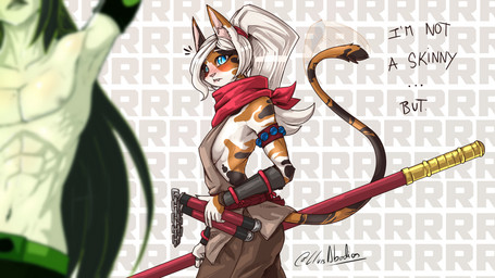 5_fingers abs abstract_background anthro armor athletic athletic_female athletic_male bite biting_lip biting_own_lip black_body black_fur blue_eyes blush bottomwear breasts clothed clothing duo eyebrows female fingers fur greaves hair long_hair looking_at_another male medium_breasts melee_weapon multicolored_body multicolored_fur nunchaku orange_body orange_fur pants pecs pink_nose ponytail pupils self_bite side_boob slit_pupils staff tail tail_motion tailwag text tied_hair topless weapon white_body white_fur white_hair lluisabadias calico_cat domestic_cat felid feline felis humanoid mammal 16:9 2022 digital_drawing_(artwork) digital_media_(artwork) english_text portrait signature three-quarter_portrait widescreen