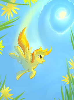 band-aid bandage dandelion detailed_background feathered_wings feathers female feral flower flying low-angle_view plant solo spiral sun tail toony wings worm's-eye_view yellow_body yellow_feathers tomatocoup friendship_is_magic hasbro my_little_pony mythology spitfire_(mlp) wonderbolts_(mlp) equid equine mammal mythological_creature mythological_equine pegasus