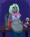 abdominal_bulge ambiguous_gender anthro anthro_pred book bottomwear burping cloak clothing collar container cup drinking_glass female female_pred fur glass glass_container glass_cup grey_body grey_fur hair hand_on_belly imprint navel oral_vore pants purple_eyes shirt solo tank_top topwear vore white_hair wine_glass leandrixel nazreen_(racheltheseeker) gnoll hyena mammal 4:5 animated digital_media_(artwork) low_res pixel_(artwork) pixel_animation short_playtime