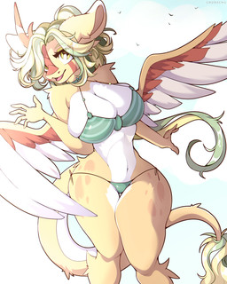 anthro breasts clothing female green_eyes hair horn long_hair long_tail open_mouth smile solo spread_wings swimwear tail wings churachu hasbro my_little_pony equid equine horse kirin_(mlp) mammal 4:5 absurd_res digital_media_(artwork) hi_res shaded