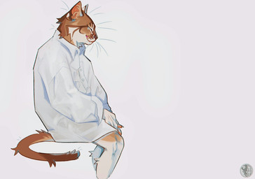 ambiguous_anthro ambiguous_gender anthro brown_body brown_fur cheek_tuft closed_smile clothed clothing eyes_closed facial_tuft fur logo mouth_closed neck_tuft side_view simple_background sitting smile solo topwear tuft whiskers white_background white_body white_clothing white_fur white_topwear justkiddinb domestic_cat felid feline felis mammal artist_logo hi_res