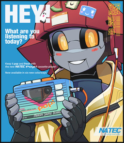 barcode black_border black_sclera blush blush_stickers border cassette_player cassette_tape clothed clothing electronics female grey_body hair headphones holding_object jacket logo machine magnet pseudo_hair qr_code red_hair smile solo text topwear windbreaker yellow_eyes blackboltlonewolf sixty_mcdine_(blackbolt) humanoid robot robot_humanoid 2025 english_text signature